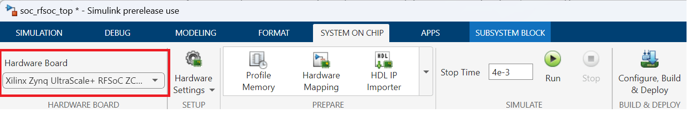 Simulink toolstrip open on the System on Chip tab, and the Hardware Board parameter is highlighted.