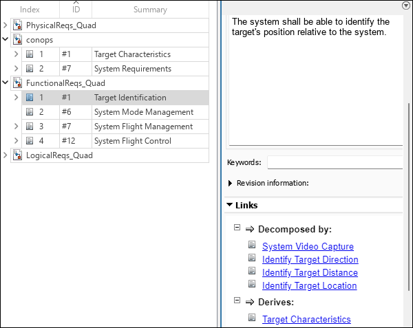 Requirement sets in the Requirement Editor including con ops, functional requirements, logical requirements, and physical requirements.