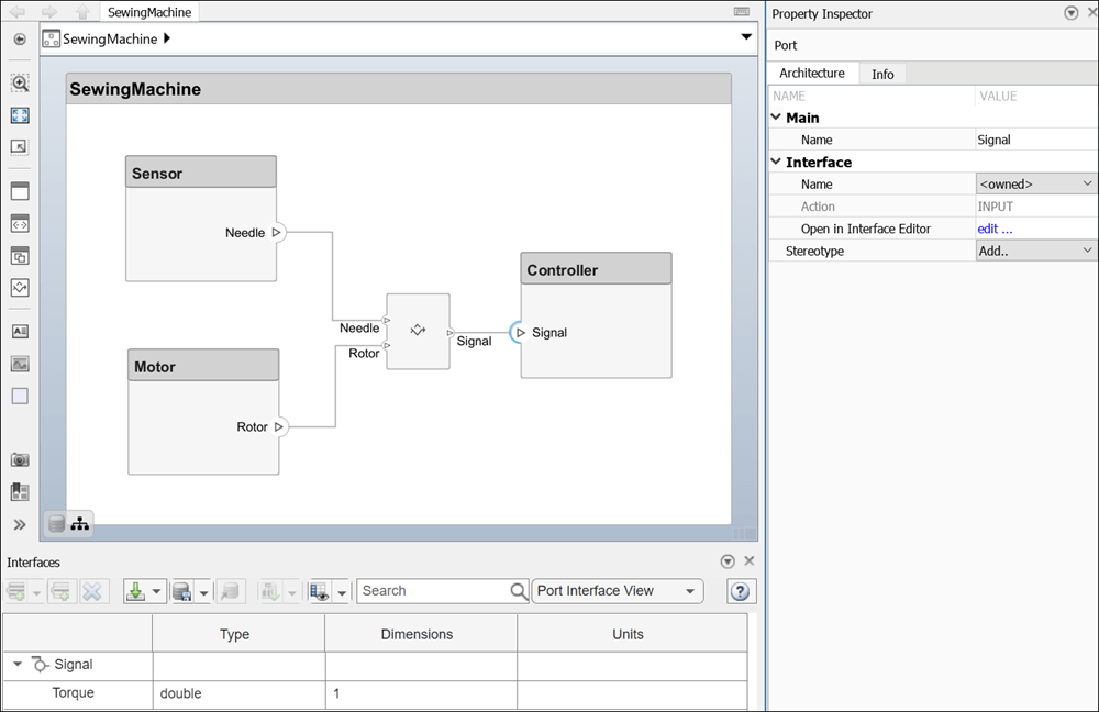 The owned interface on the output port of the Adapter block is connected to the Signal input port on the Controller component.