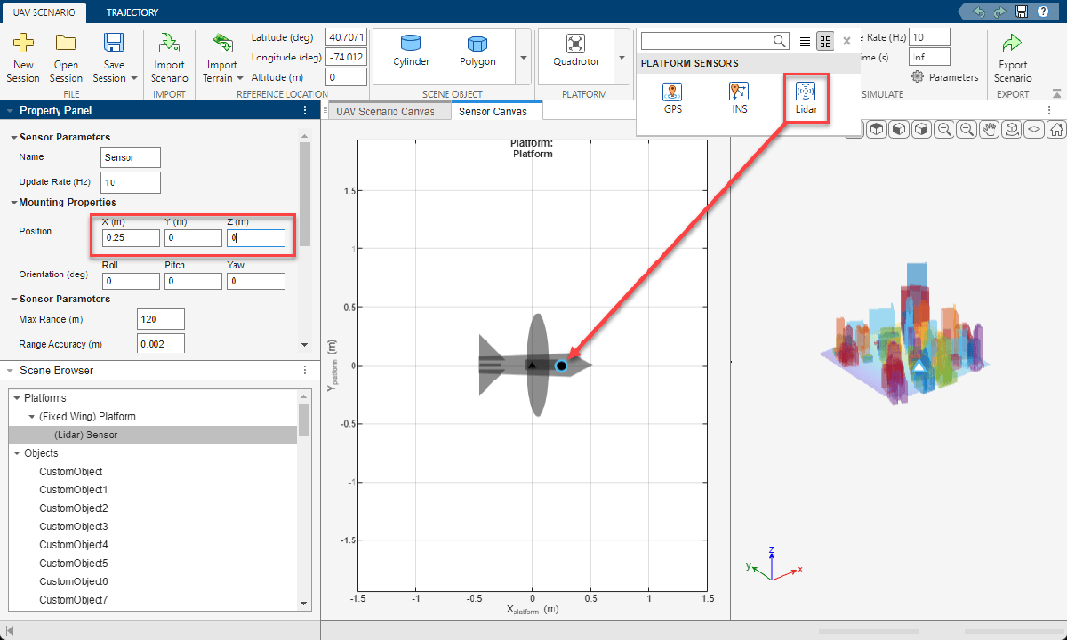Lidar sensor added to fixed-wing platform with mounting position set to 0.25, 0, 0