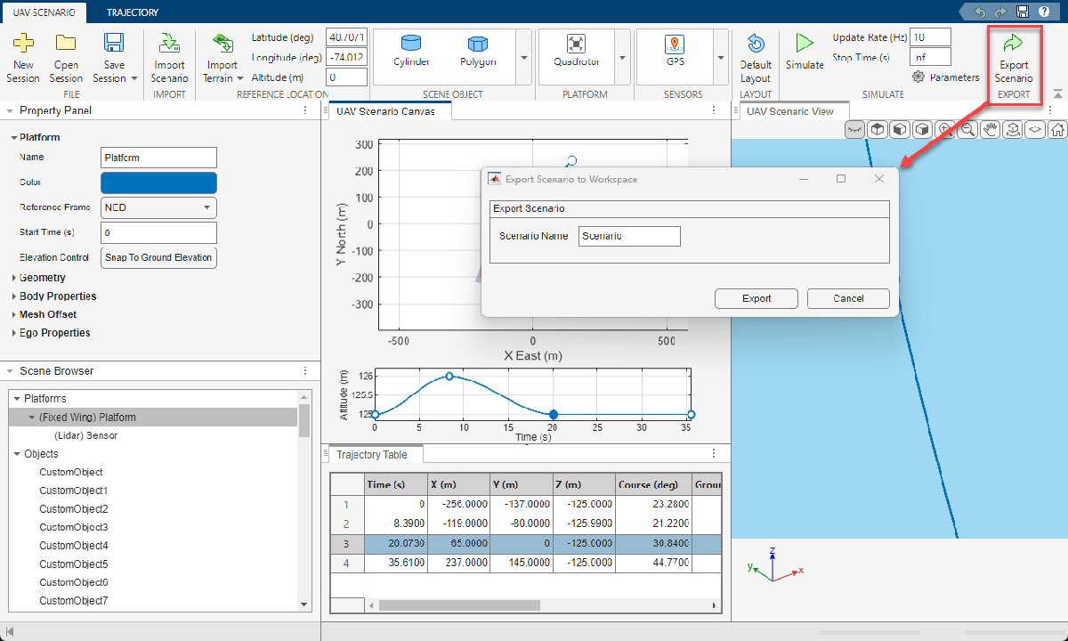 Export Scenario to Workspace dialog with scenario name field and Export button