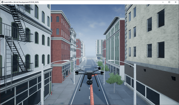 Unreal Engine simulation window showing a quadrotor UAV flying down an urban street between multi-story buildings
