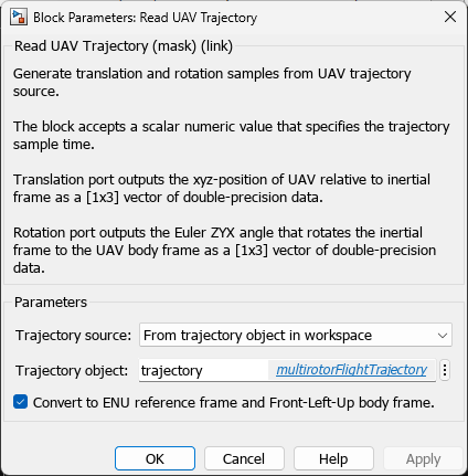 Read UAV Trajectory block parameters with Trajectory source set to From trajectory object in workspace and Trajectory object set to trajectory