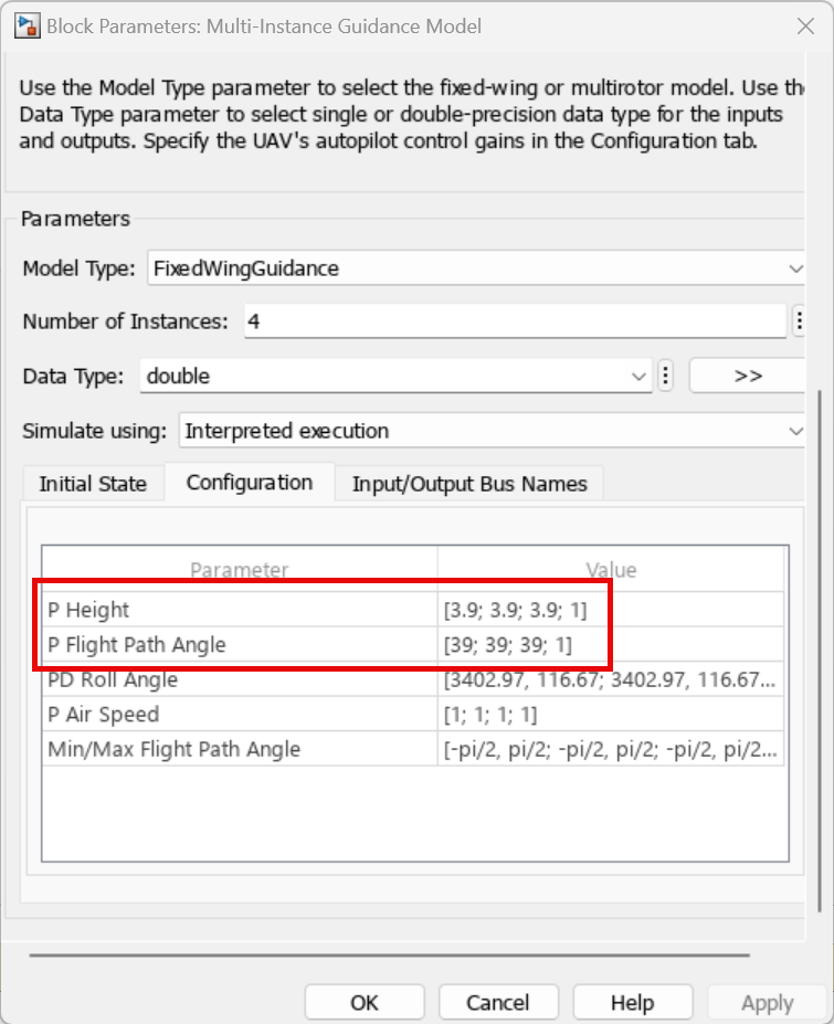Multi-Instance Guidance Model block mask with the P Height and P Flight Path Angle parameters highlighted.