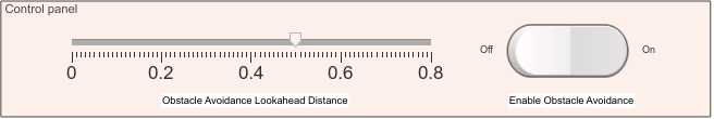 Control panel with Obstacle Avoidance Lookahead Distance slider ranging from 0 to 0.8 and an Enable Obstacle Avoidance toggle switch
