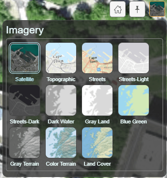 Option to select basemaps, which includes satellite, topographics, streets, streets-light, streets-dark, dark water, gray land, blue green, gray terrain, color terrain, and land cover