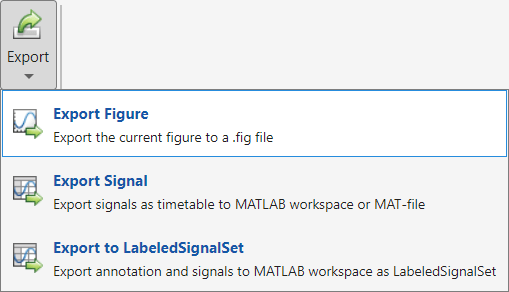 Export option showing exportt figure, export signal, and export to labeled signal set