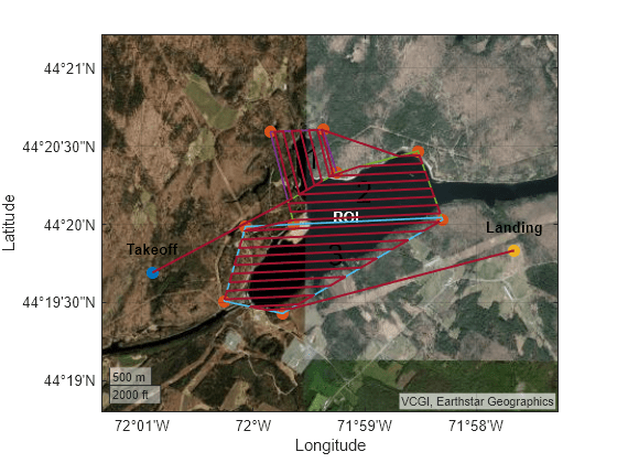 Figure contains an axes object with type geoaxes. The geoaxes object contains 13 objects of type line, text. One or more of the lines displays its values using only markers