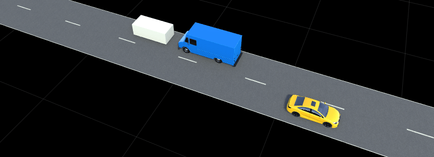 Simulated Safety Assist Automatic Emergency Braking Car-to-Car Front head-on lane change scenario in RoadRunner, containing an ego vehicle represented as a blue delivery van.