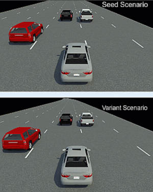 Comparison of scenario simulation of the seed scenario and the variant scenario in RoadRunner.