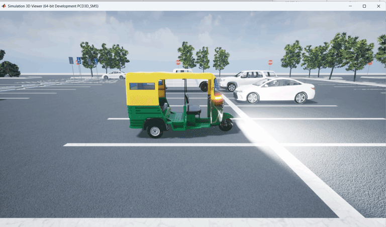 Simulation 3D Viewer window showing a tuk tuk with its headlight on in a parking lot scene