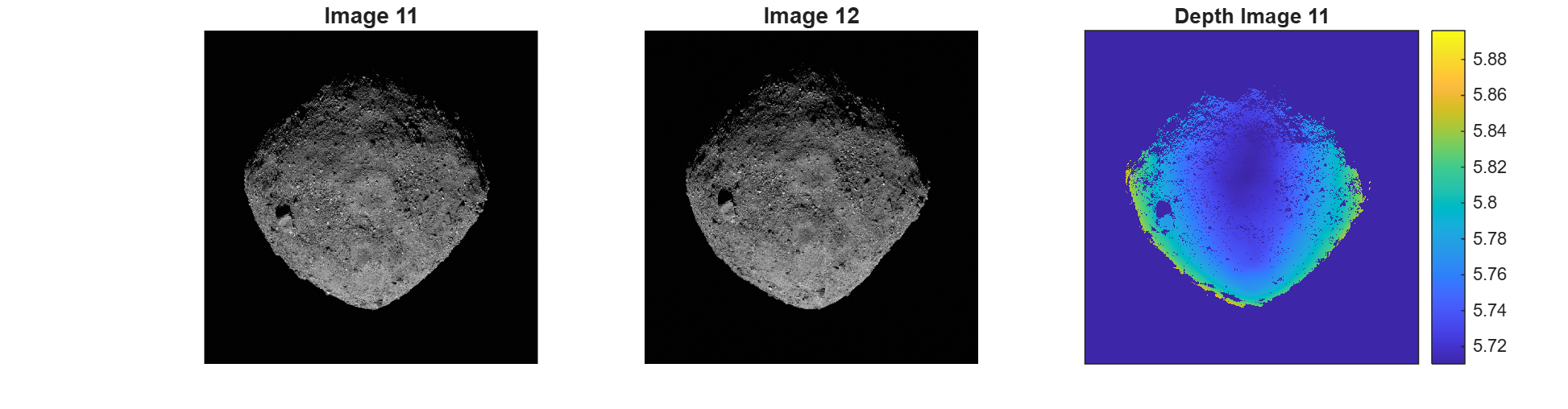 Figure contains 3 axes objects. Axes object 1 with title Depth Image 11 contains an object of type image. Hidden axes object 2 with title Image 11 contains an object of type image. Hidden axes object 3 with title Image 12 contains an object of type image.