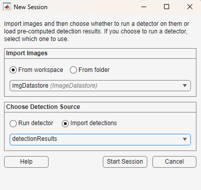 Dialog to create a new app session for evaluating object detections without ground truth.