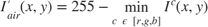 $I'_{air}(x,y) = 255 - \min_{c\ \epsilon\ [r,g,b]}I^c(x,y)$