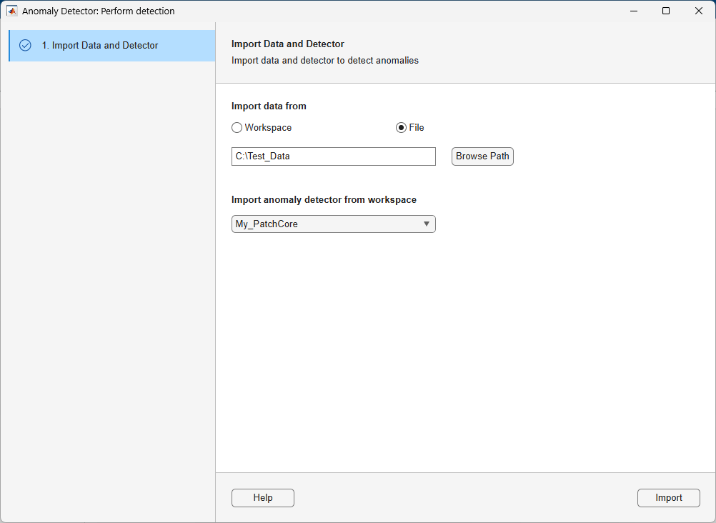 Dialog box with options to import data from the workspace or from a file, and to import an anomaly detector from the workspace