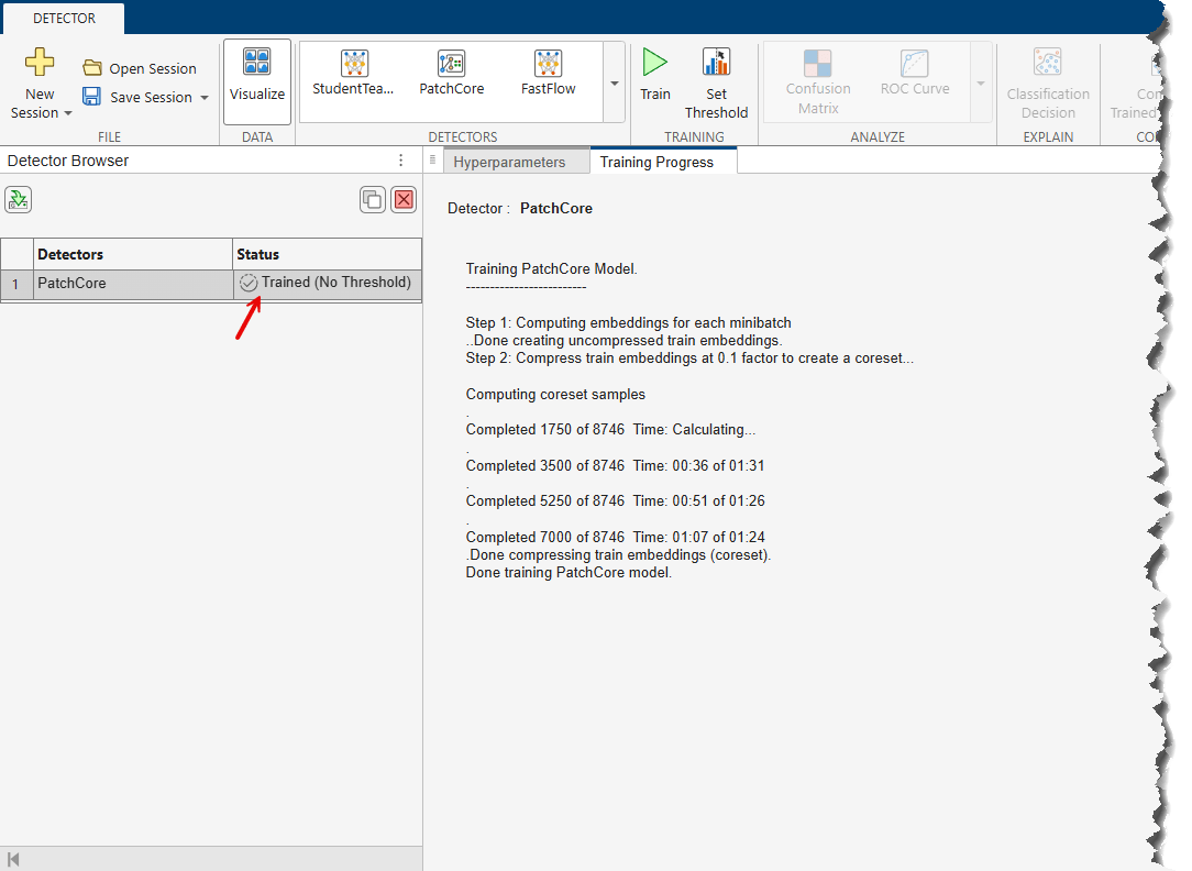 Visual Anomaly Detector app with the Detector Browser showing the PatchCore detector status as Trained (No Threshold) and the Training Progress panel showing training details