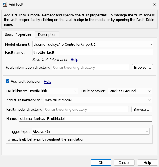 The Add Fault window with the required settings. To model element is the first input port of the To Controller subsystem. The add fault behavior is selected and the Fault behavior property is set to Stuck-at-Ground.