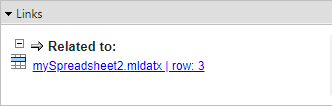 The Safety Analysis Manager displays the mySheet1 spreadsheet. the cursor points to the link icon in the first row, and a tool tip appears. The tooltip displays the link information, and indicates that the link relates to the third row in the mySheet2 spreadsheet.