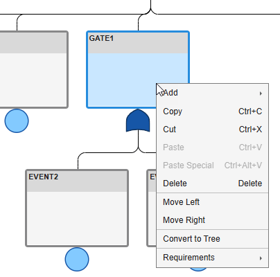 The context menu for a gate shows the available options and keyboard shortcuts.