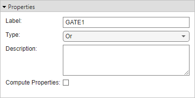The Properties pane for an or gate. The event has a name GATE1 and is an or gate, as listed in the Type property. The Description property is empty and the Compute Properties property is cleared.