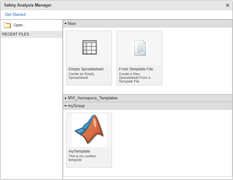 The safety Analysis Manager window after registering the template described previously. The group,myGroup, includes a template with an icon.
