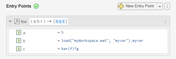 Entry points pane showing the entry-point function foo with two enabled output arguments