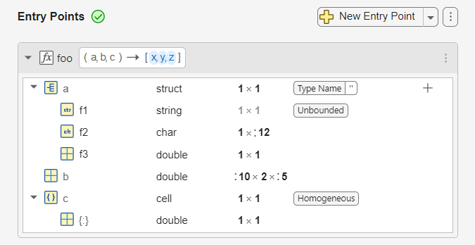 Entry points pane showing the defined input types for entry-point function foo.