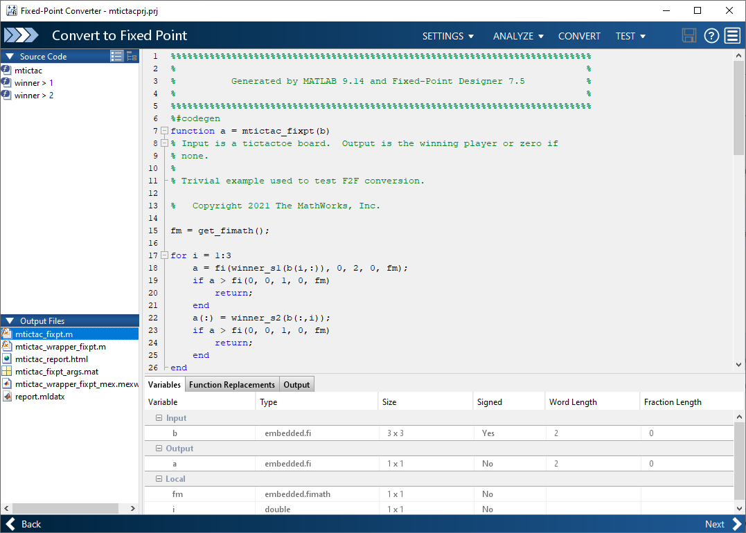 Converted function mtictac_fixpt.m