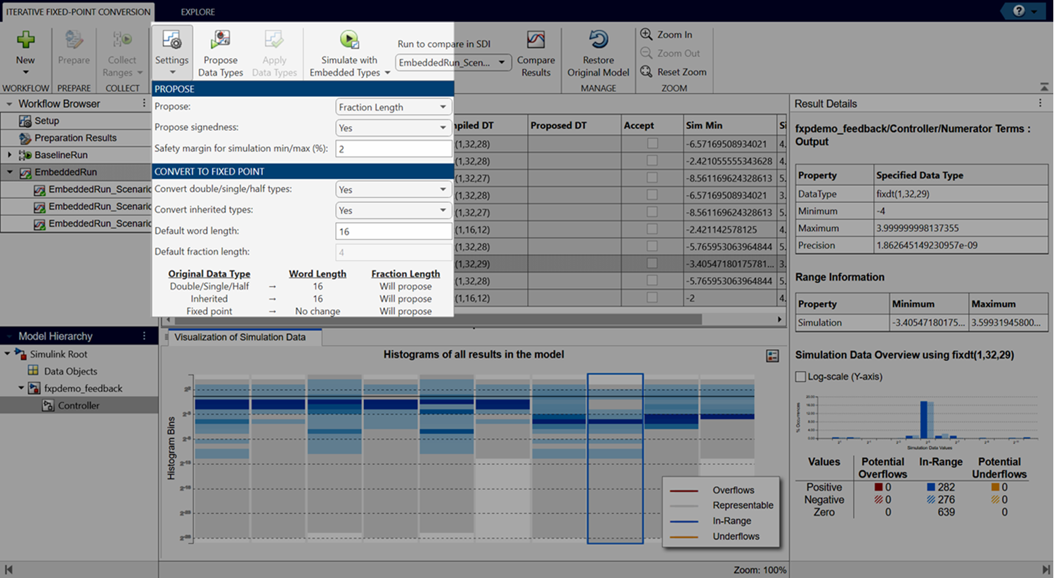 View of the Fixed-Point Tool with the Settings menu expanded.