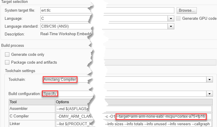 Code Generation pane after setting up custom Armclang compiler.