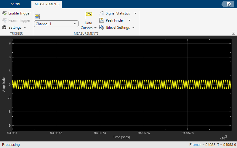 Snapshot of the scope window showing sine wave. Trigger tab is expanded. Enable Trigger button is not selected.