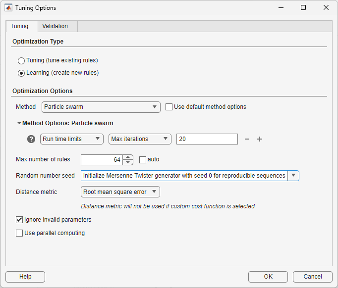 Tuning options dialog box configured for particle swarm optimization using the previously specified settings.