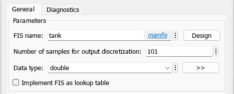 Fuzzy Logic Controller block dialog with the Design button to the right of the FIS name text box.