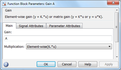 Use the Function Block Parameters dialog box to configure the Gain block.
