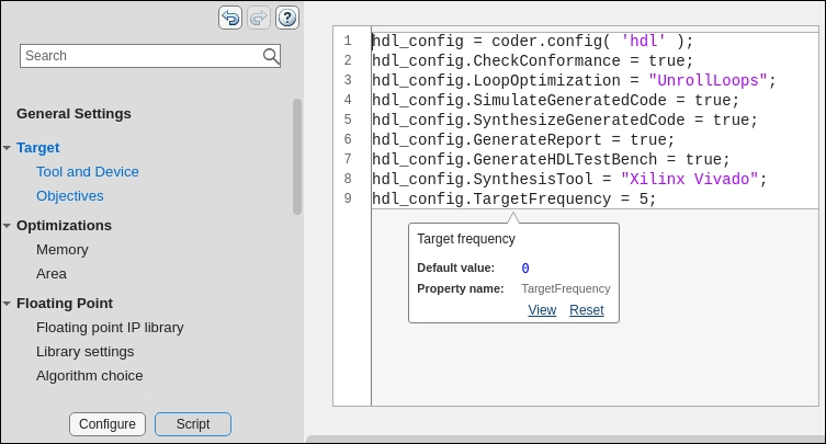 Script view of the HDL Coder configuration parameter dialog box.