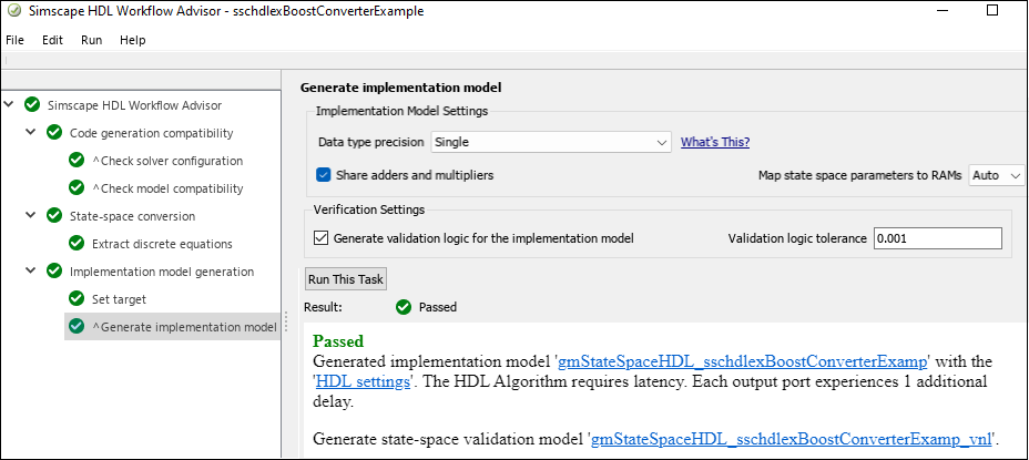 Simscape HDL Workflow Advisor window with links to generated implementation model and state-space validation model in the display area of right pane