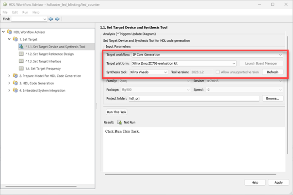 Setting Target workflow and Target platform in HDL Workflow Advisor