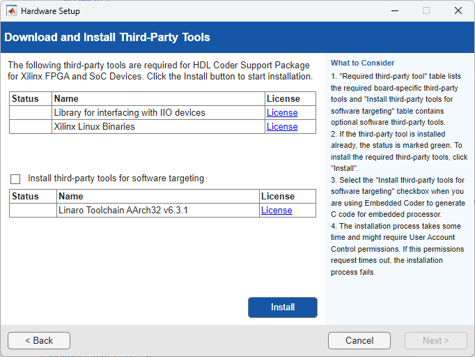 Automatic Download screen that list the required third-party tools