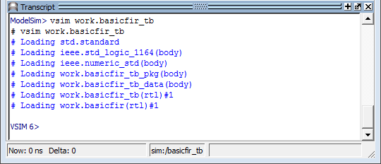 Mentor Graphics ModelSim Transcript window