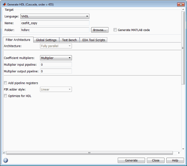 Filter Architecture tab of the Generate HDL tool