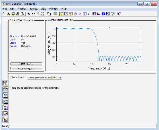 Filter Designer tool showing filter response and filter arithmetic menu