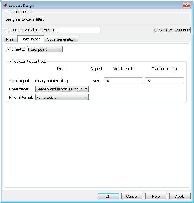 Lowpass Design dialog box showing fixed-point data types settings