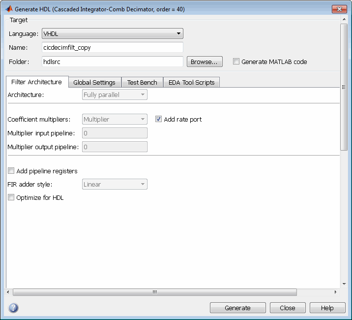 Filter Architecture tab of the Generate HDL tool