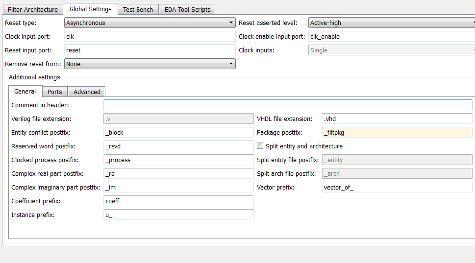 Global Settings tab in the Generate HDL tool