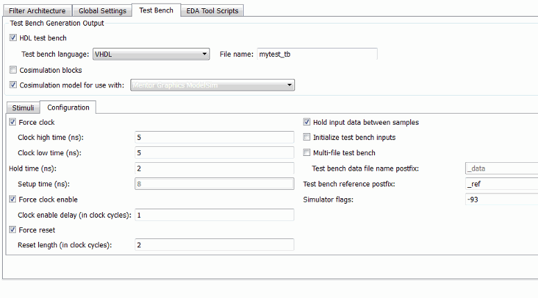 Test Bench tab of the Generate HDL tool