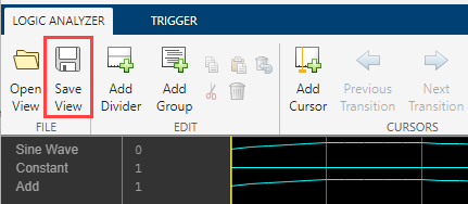 Logic Analyzer toolstrip highlighted on Save View button