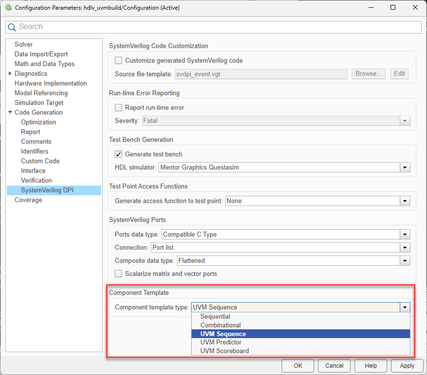 Configuration Parameters open on the SystemVerilog DPI pane, and the "Component template type" menu is expanded to show UVM Sequence, UVM Predictor, and UVM Scoreboard.