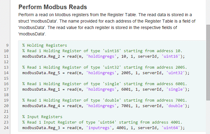 Modbus generated script for read