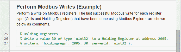 Modbus generated script for write