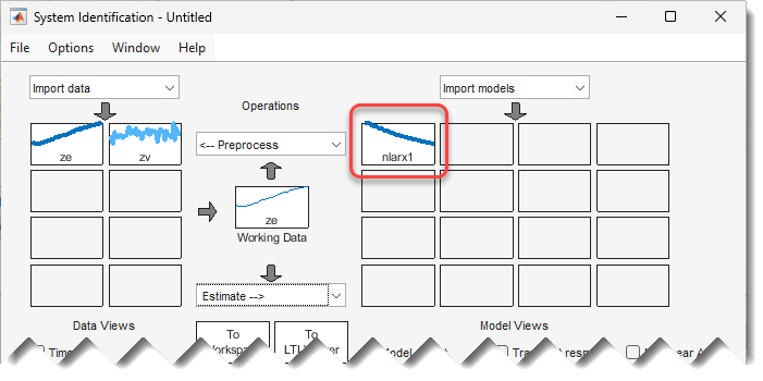 In the Import models grid on the right, nlarx1 is in the top left corner.